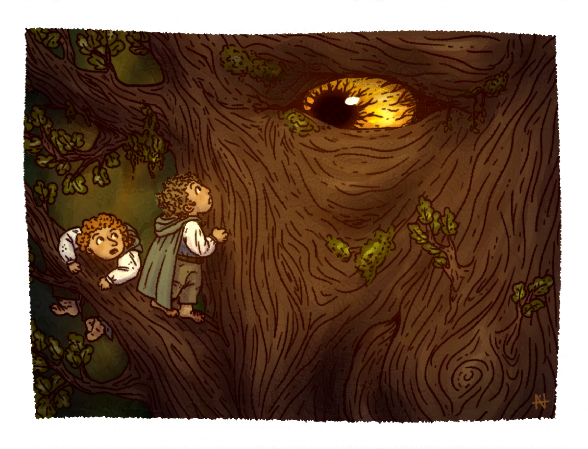 Dessin de deux personnages grimpant sur un arbre avec des yeux